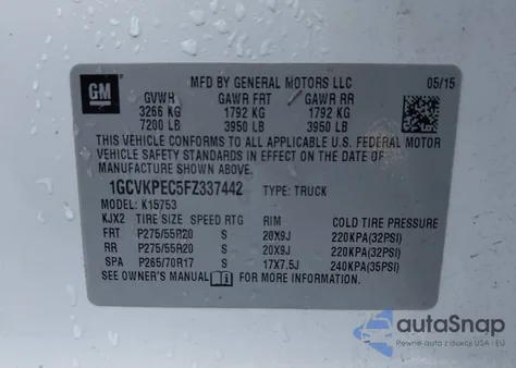 2015 Chevrolet Silverado 1500 Ls z USA, uszkodzony, nr VIN 1GCVKPEC5FZ337442